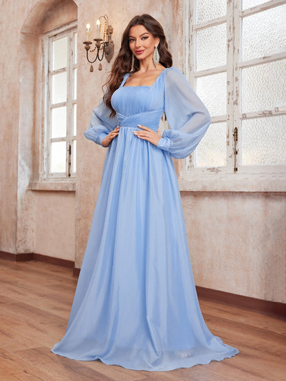 Chiffon Square Collar Dress Lantern Sleeve Elegant Graceful Ground Dress