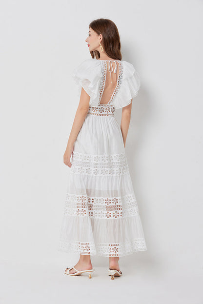 Cool Cotton Stitching Lace Hollow Dress Sleeve Dress