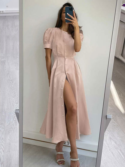 Buttons Fashionable Dress Jewel Neck Short Sleeves Midi Dress