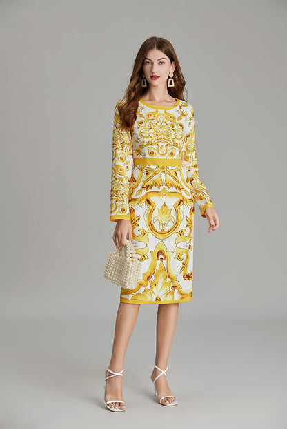 Fall Crew Neck Printed Cami A Line Knee Dress
