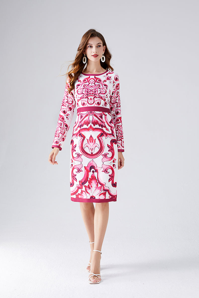 Fall Crew Neck Printed Cami A Line Knee Dress