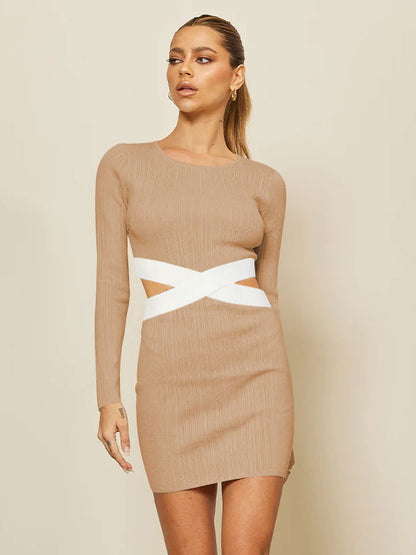 Two-Tone Knitted Dress Cutout Round Neck Long Sleeves Casual Mini Dresses