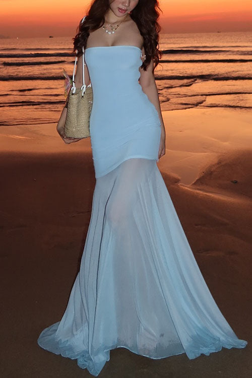 Strapless Mesh Splice Bodycon Maxi Dress
