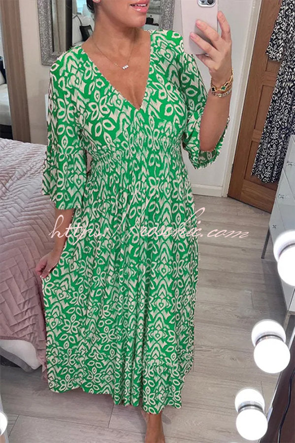 Fairytale Song Bohemian Print Stretch Frill Sleeve Loose Maxi Dress