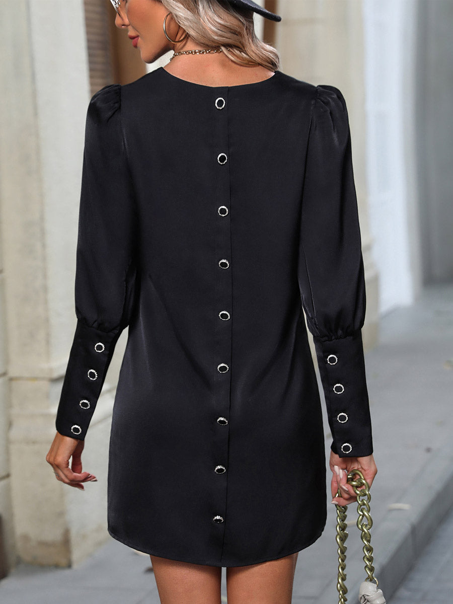 Mini Dresses Round Neck Puff Sleeves Short Dress In Black
