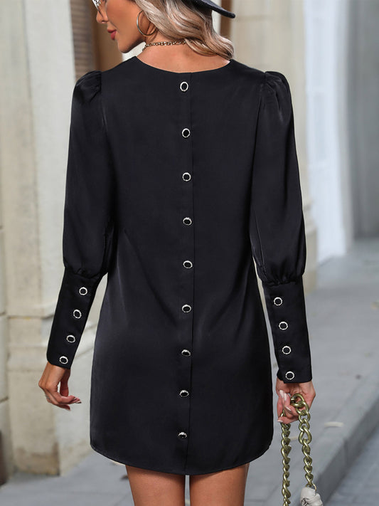 Mini Dresses Round Neck Puff Sleeves Short Dress In Black