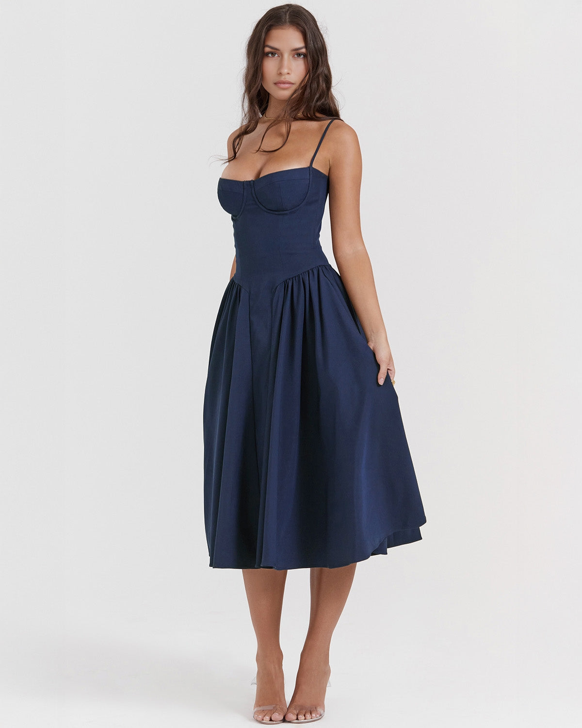 Spaghetti Strap Corset Bodice Basque Waist Pleated A-Line Midi Dress