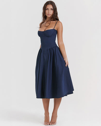 Spaghetti Strap Corset Bodice Basque Waist Pleated A-Line Midi Dress