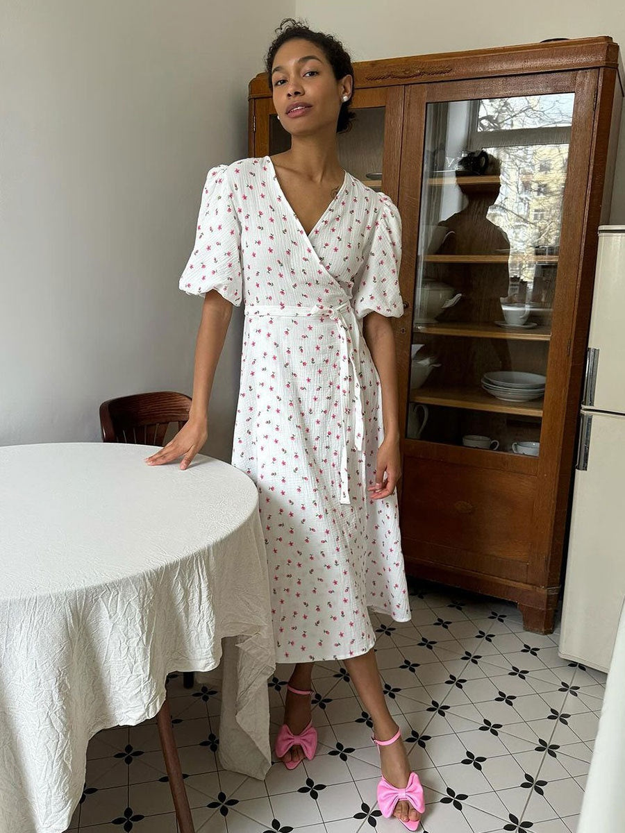 Pure Cotton Bandage Wrap-up Puff Sleeve Printed Comfort Maxi Dresses