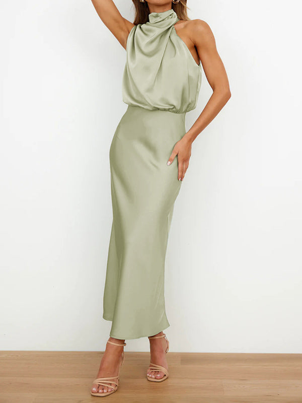 Sleeveless Solid Color Halter-Neck Midi Dresses