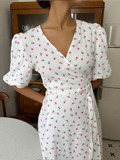 Pure Cotton Bandage Wrap-up Puff Sleeve Printed Comfort Maxi Dresses