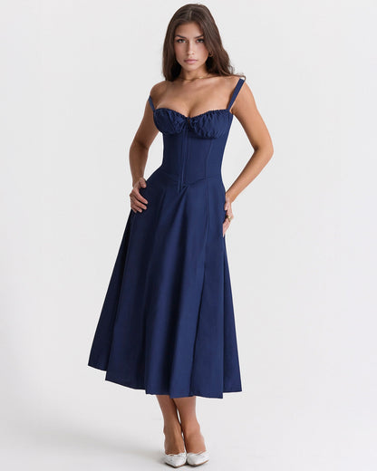 Bustier Spaghetti Strap Underwire Cup Dropped Waist Pleated Midi Dress