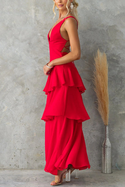 Solid Color V-neck Sleeveless Elegant Layered Maxi Dress