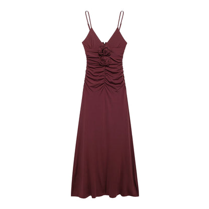 French Floral Decoration V Neck Midi Dress