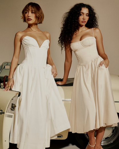 Strapless Corset Plunging Sweetheart Neck Pleated Full Skirt Pocket Midi Dress