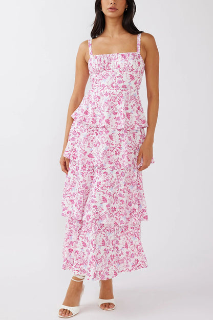 Floral Print Square Neckline Back Tie Casual Holiday Maxi Dress