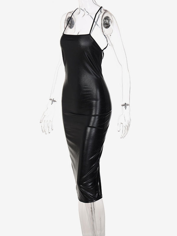 Birthday Open Shoulder PU Leather Sexy Straps Neck Sleeveless Midi Dress