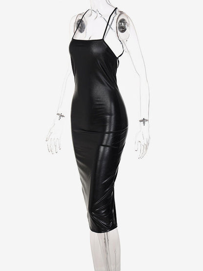 Birthday Open Shoulder PU Leather Sexy Straps Neck Sleeveless Midi Dress