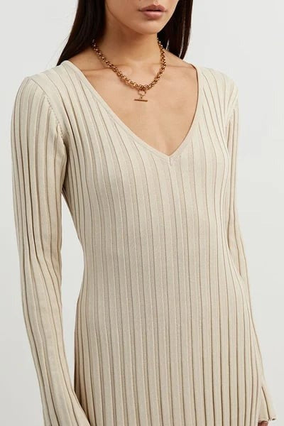 V-NECK Long Sleeved Knit Midi Dress