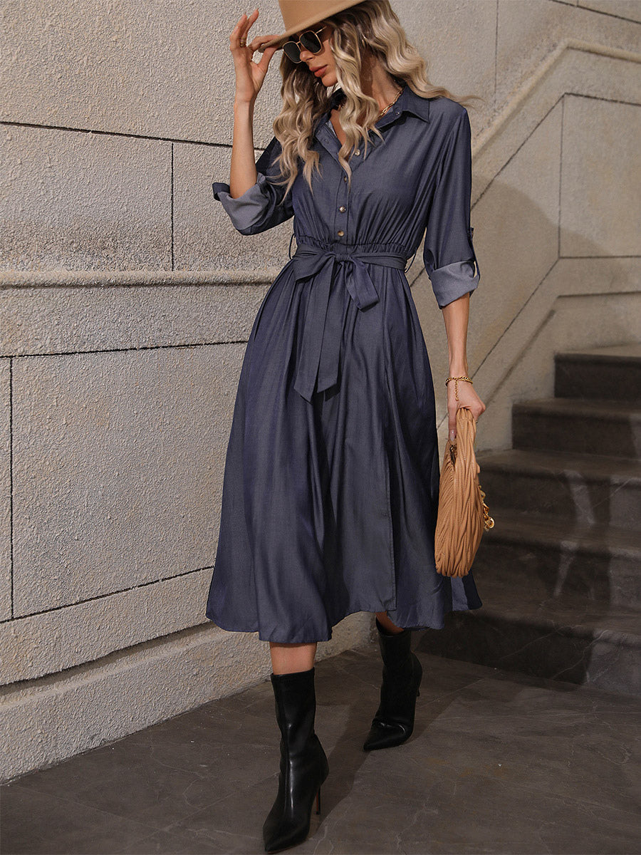 Shirt Dresses Turndown Collar Long Sleeves Buttons Belted Midi Dress