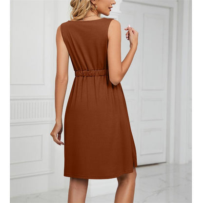 Solid Color Sleeveless Mini Dress with Button Details