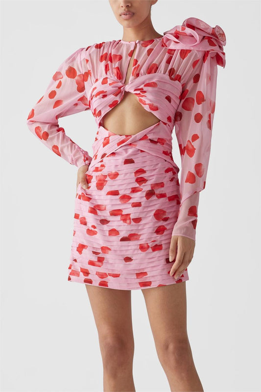 3D Floral Pleat Cut-Out Mini Dress