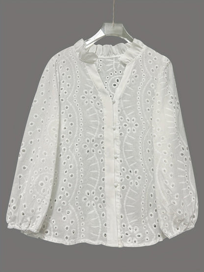 White Long-sleeved V-neck Lace Shirts