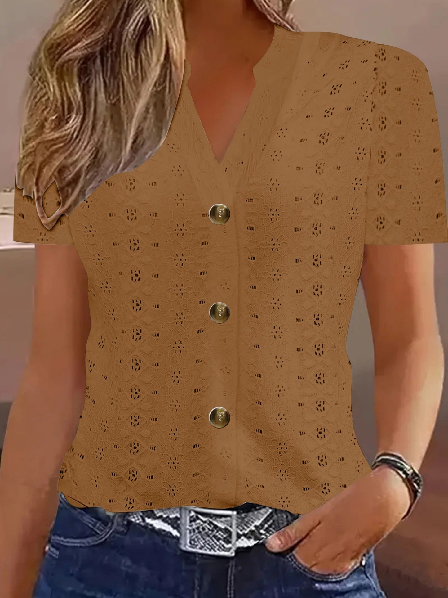 Knitting Buttons V-neck Short Sleeve T-shirts
