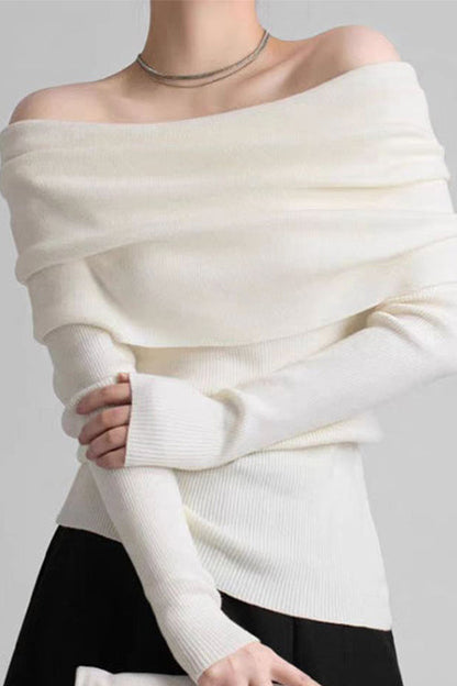 Margovil Off Shoulder Long Sleeves Ribbed Knit Sweater