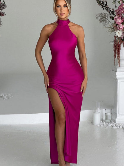 Halter Slits Satin Maxi Dresses