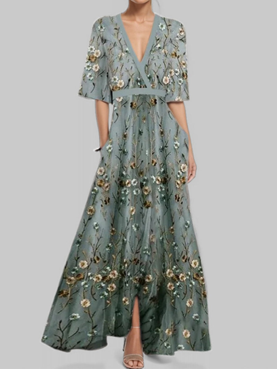 Pattern Printed Temperament V-neck Lace Up Large Skirt Maxi Dresses