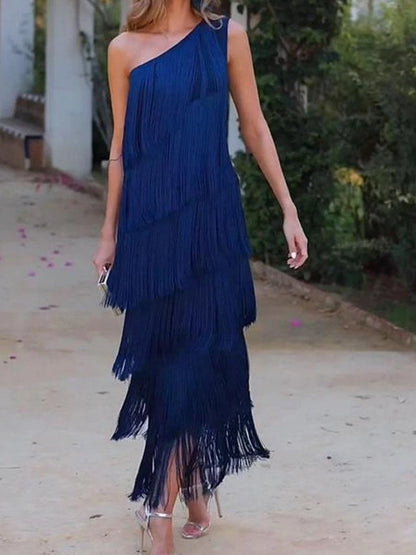 Tassel Sloping Shoulders Asymmetrical Maxi Dresses