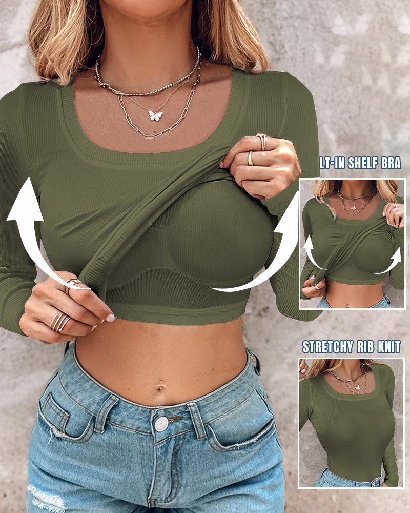 With Bra U-neck Thread Solid Color Long Sleeve T-shirts