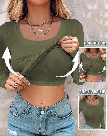 With Bra U-neck Thread Solid Color Long Sleeve T-shirts