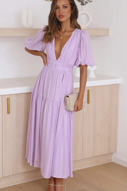 V Neck Puff Sleeve Smocked Empire Waist Tiered Midi Dress