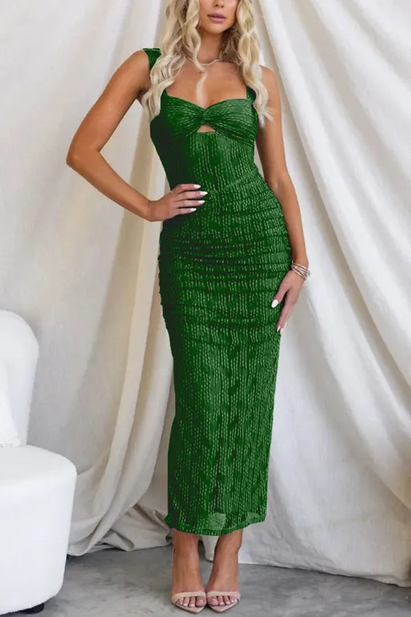 Ruched Sweetheart Spaghetti Strap Mesh Panel Keyhole Cutout Bodycon Maxi Dress
