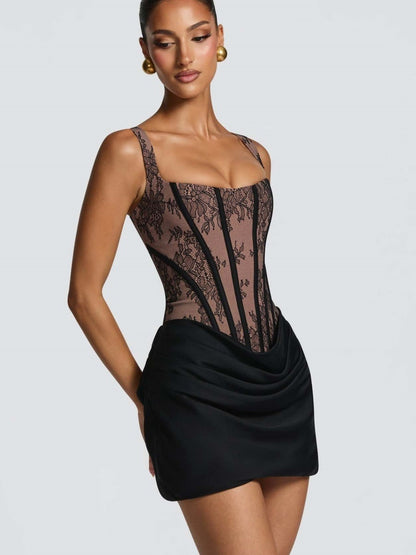 Lace Floral Gathering Waist Corset Formal Dress Mini&Short Dresses