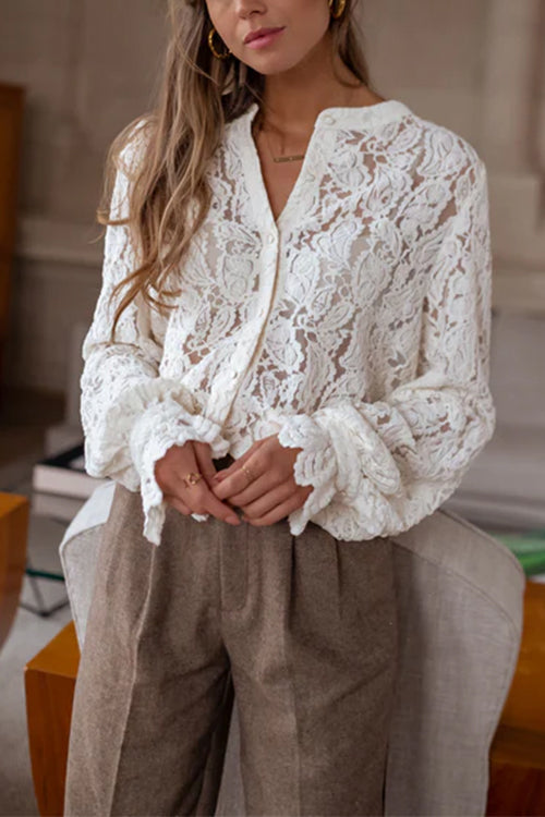 Margovil Ruffle Long Sleeves Button Up Lace Shirt