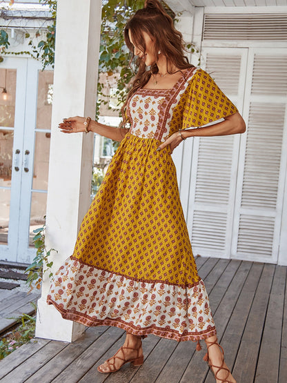 Printed Color-blocked Square Neck Short Sleeve Maxi Dresses