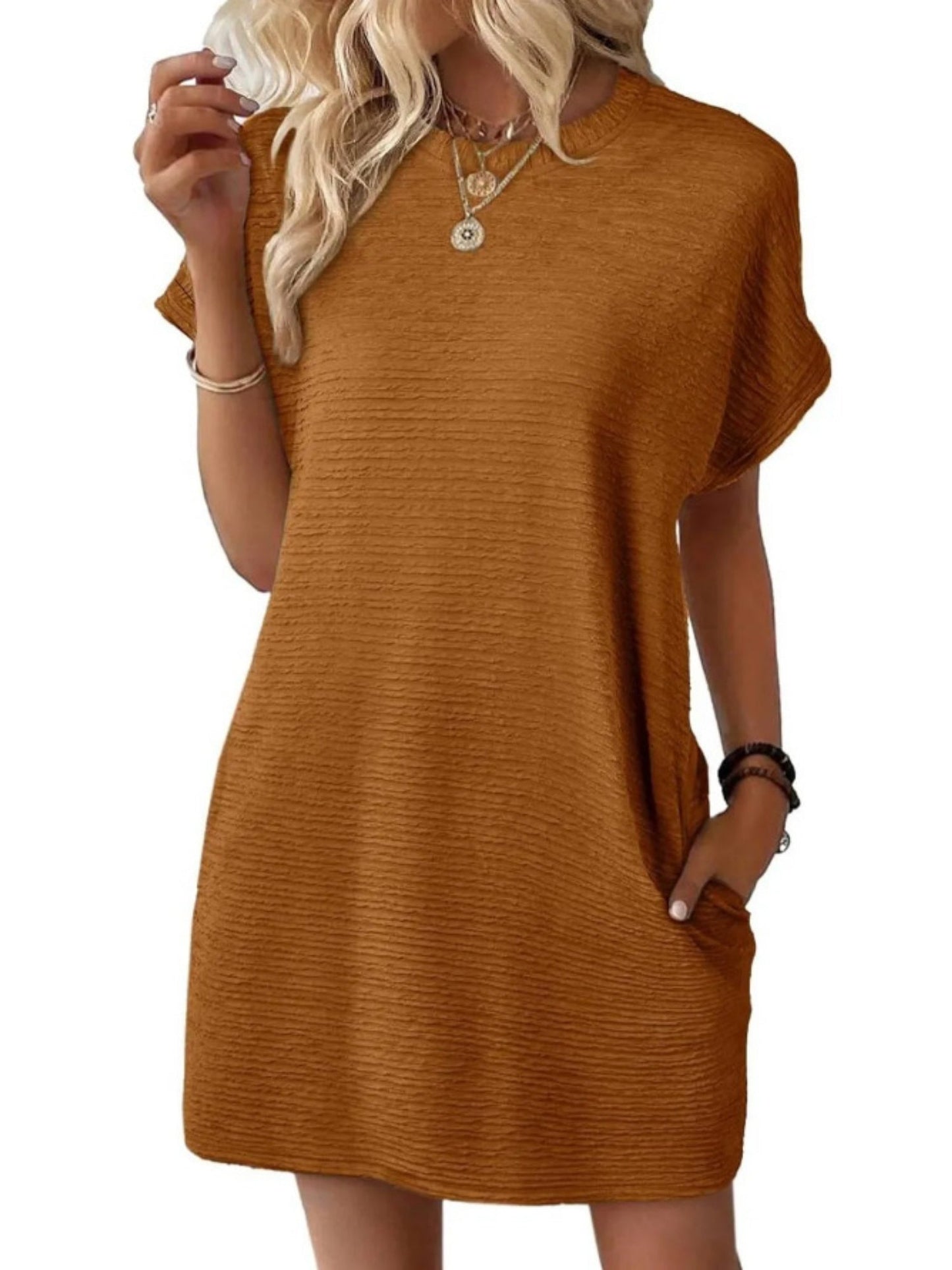 Pocket Crew Neck Short Sleeve Loose-fit Mini&Short Dresses