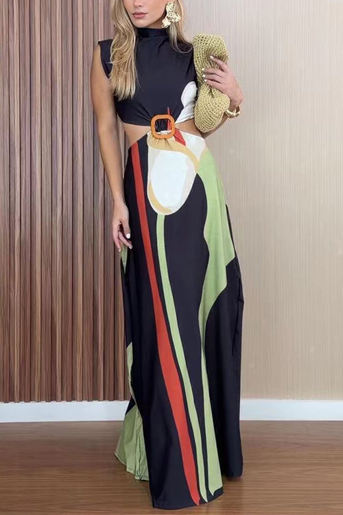 Margovil Mockneck Sleeveless Cut Out Waist Printed Maxi Dress