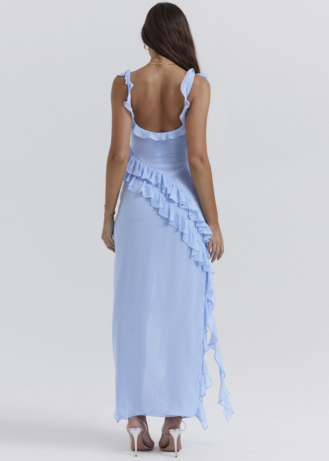 Square Neck Wide Strap Ruffle Trim Cascading Ruffle High Split Maxi Dress
