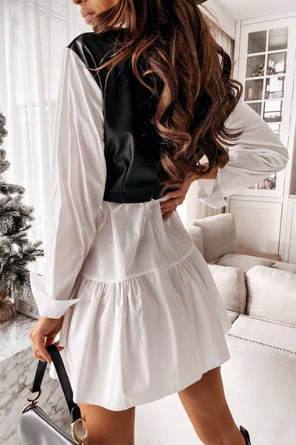Collared Shirt Sleeve Faux Leather Panel Tiered Ruffle Mini Dress