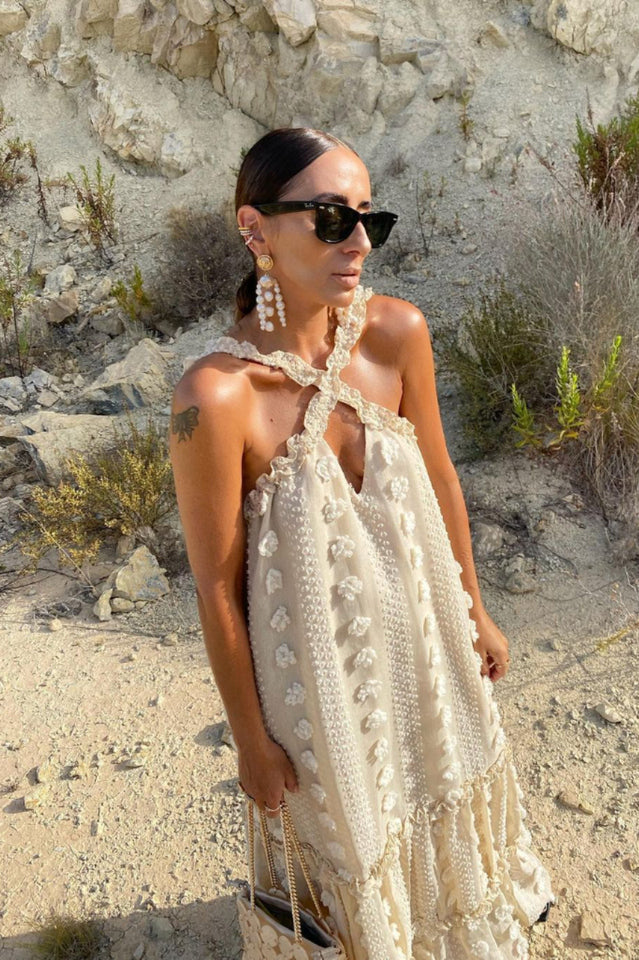 3D Floral Applique Halter Crisscross Tiered Maxi Dress