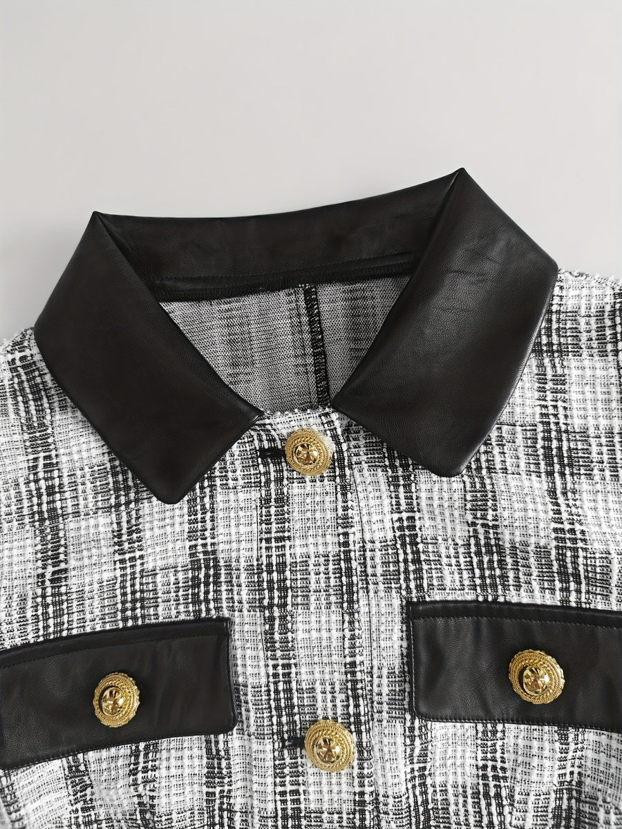 Small Fragrance Tweed Plaid Spliced PU Leather Commuting Mini&Short Dresses
