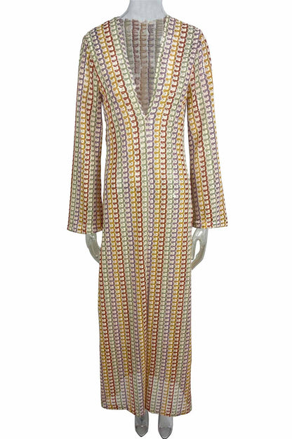 Scallop Circle Print Deep V-Neck Long Sleeve Front Slit Maxi Dress