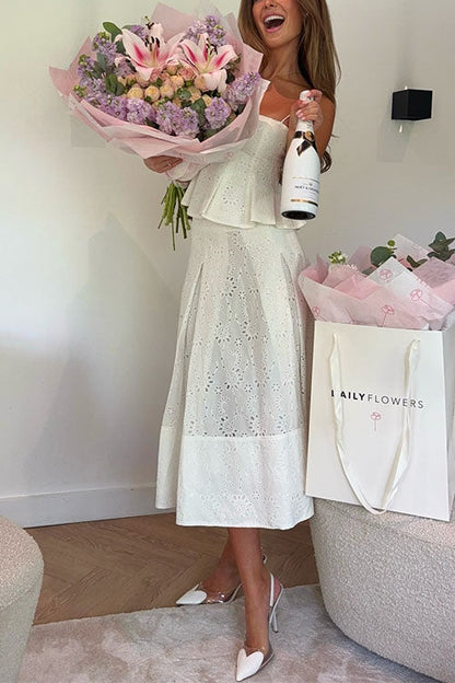 Margovil Lace Hollow Out Ruffle Cami Top and A-line Midi Skirt Set