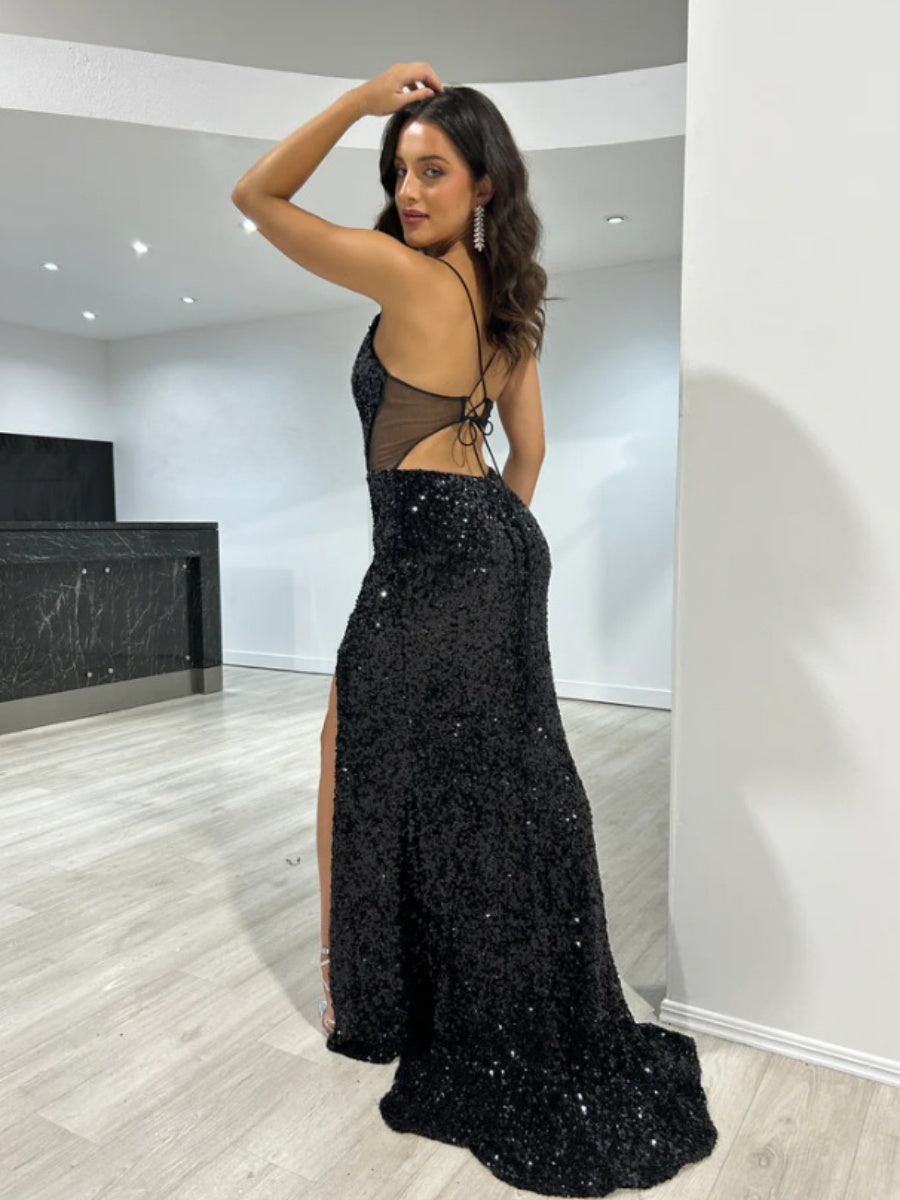 Sequins Slit Sexy Camisoles Formal Dress Maxi Dresses