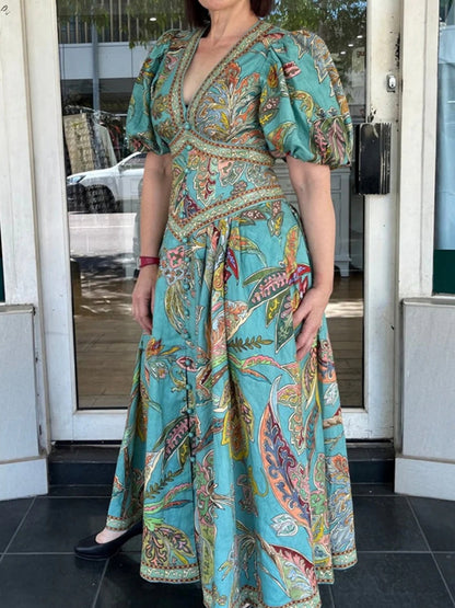 Printed Balloon Sleeve V-neck Temperament Waist Maxi Dresses