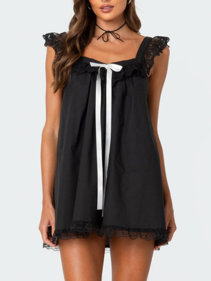 Bow Lace Trim Spaghetti Strap Backless Mini&Short Dresses
